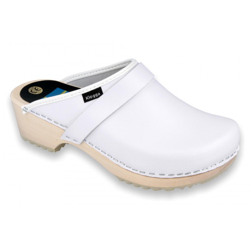 white wooden clogs